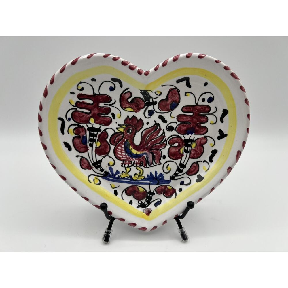 Deruta Sambuco Mario Hand Painted 6.5” Heart Shaped Red Rooster Plate Italy